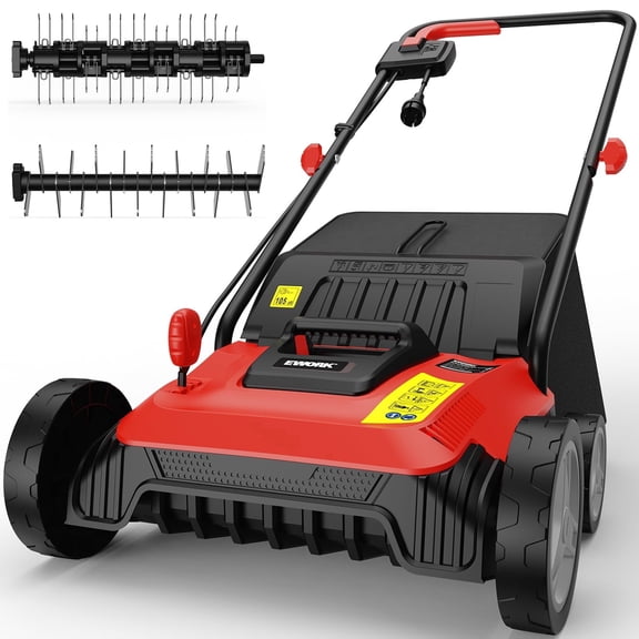 EWORK Electric Dethatcher and Scarifier 14-Inch 12 Amp 2-in-1 Lawn Dethatcher and Aerator with Collection Bag, Blade Replacement Without Tool, 5-Position Depth Adjustment for Gardening Care