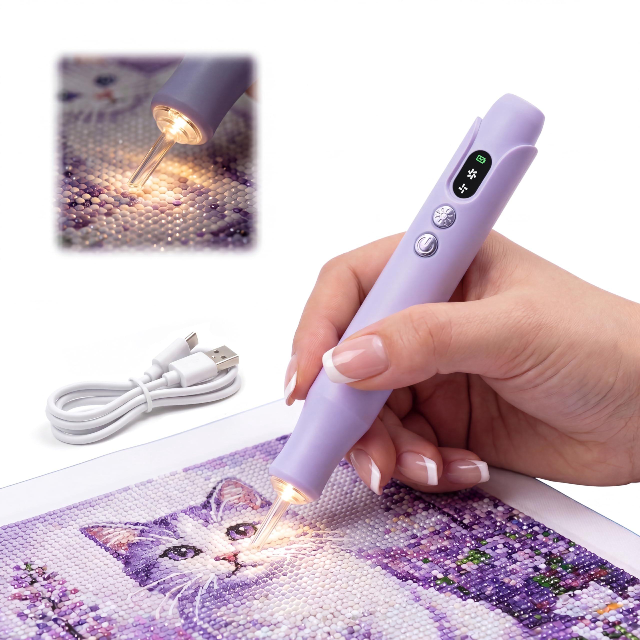 Electric Diamond Art Painting Pen, Cordless Quiet Vacuum Picker, No Wax Needed, 3 Speeds with LED Light, Ergonomic Dot Drill Tool, Diamond Art Accessory for DIY Diamond Painting,Purple