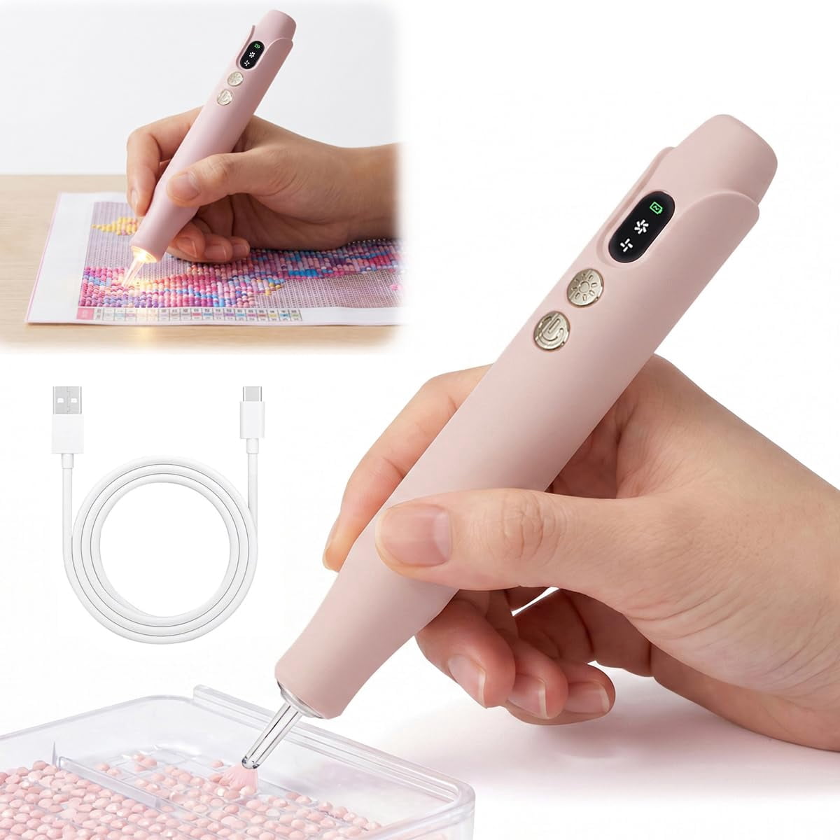 Electric Diamond Art Painting Pen, Cordless Quiet Vacuum Picker, No Wax Needed, 3 Speeds with LED Light, Ergonomic Dot Drill Tool, Diamond Art Accessory for DIY Diamond Painting,pink