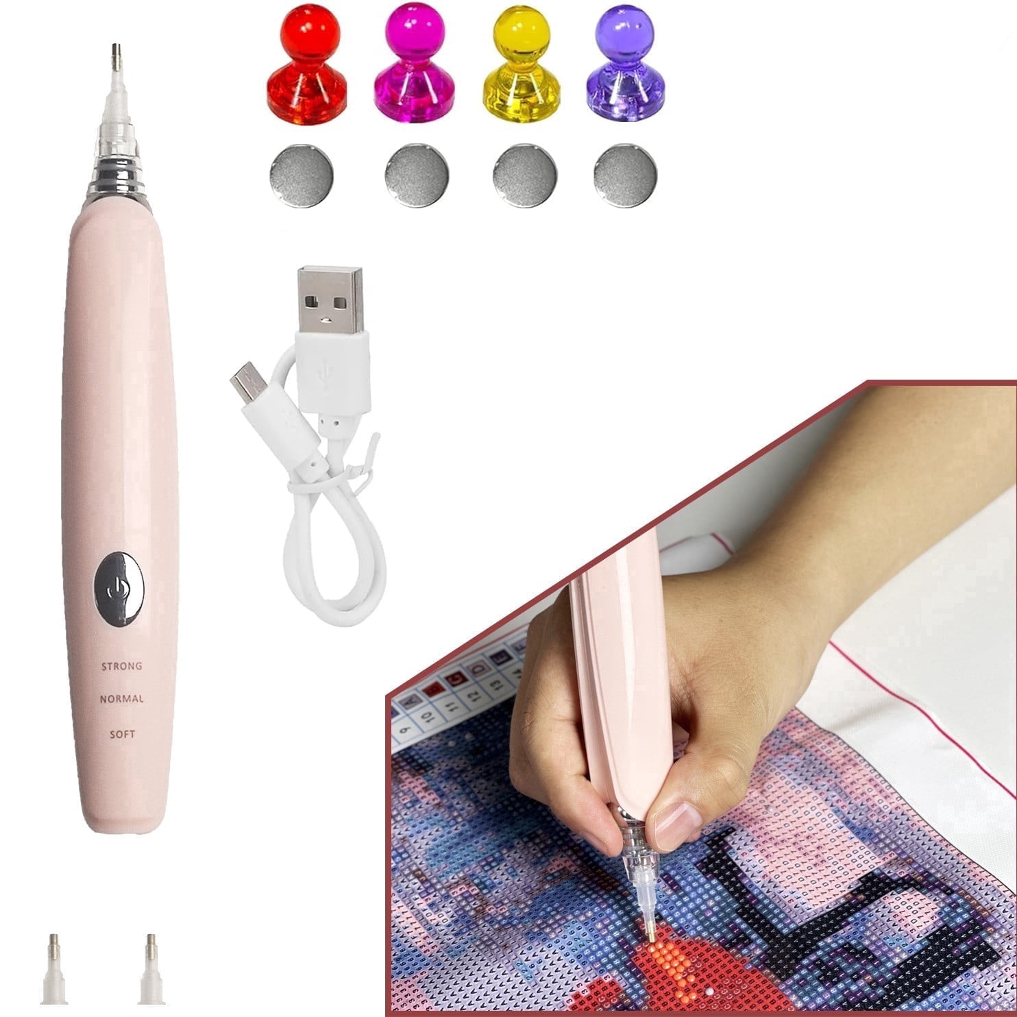 Electric Diamond Painting Pen, Adjustable Suction Mode, Wireless Diamond Art Painting Pen with Vacuum Pump for Adult, DIY Art Tool Kits (Pink)
