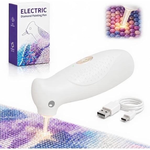 Electric Diamond Painting Pen,Ergonomic Palm-Grip | art vacuum pen tool with integrated suction tip, wax-free pickup, quiet cordless USB-C rechargeable for 5D DIY crafts, White