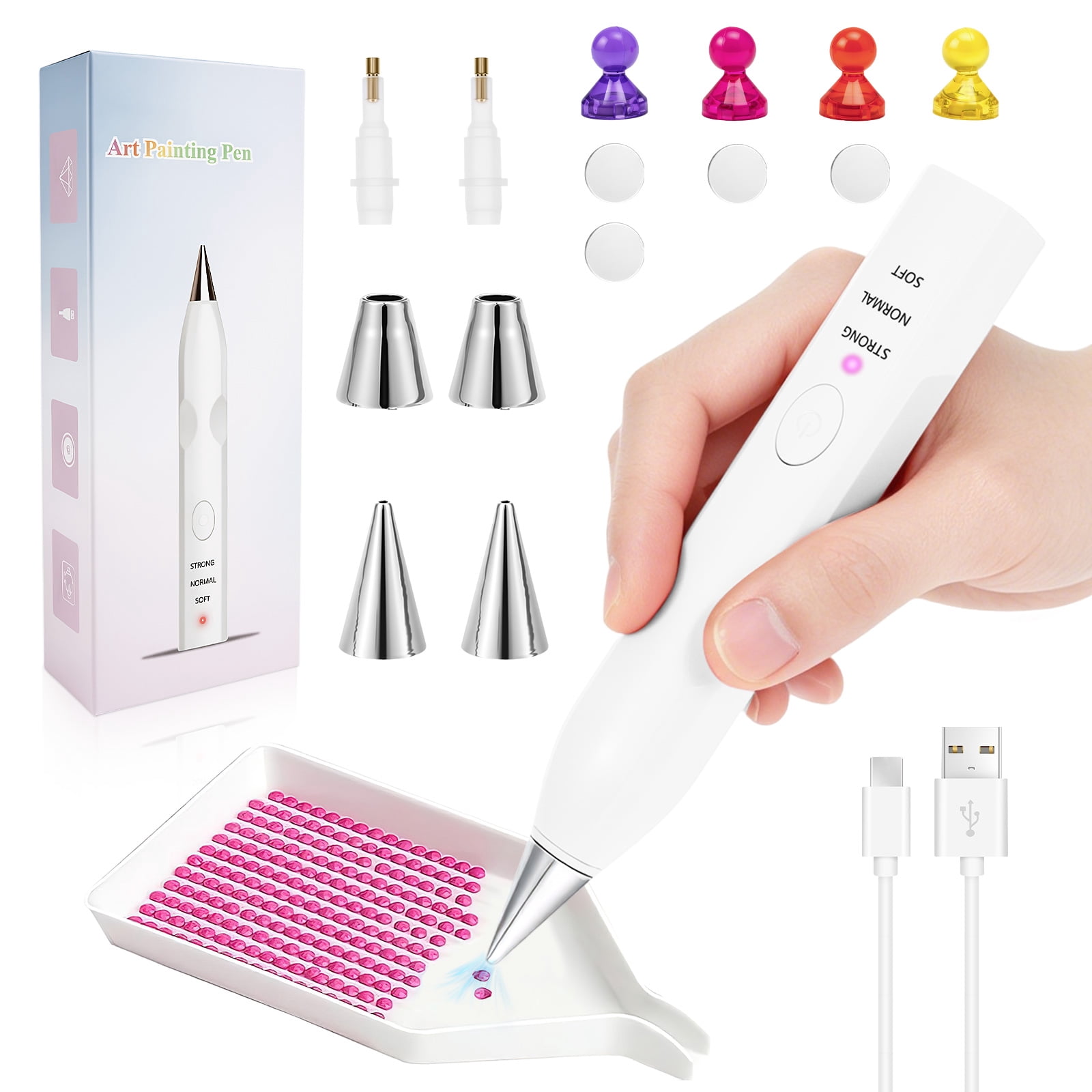 Electric Diamond Painting Pen Kit Cordless USB-C Rechargeable Diamond Art Tool with Vacuum Pickup No Wax for DIY Craft Lovers (White)
