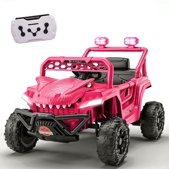 12V Dinosaur Kids Ride On Car, 2 Seater Power Ride On Toy for Kids with Remote Control, Bluetooth, USB, 4 Wheel Suspension, Dinosaur Electric Toy Car for Boys and Girls Ages 2-4, Pink