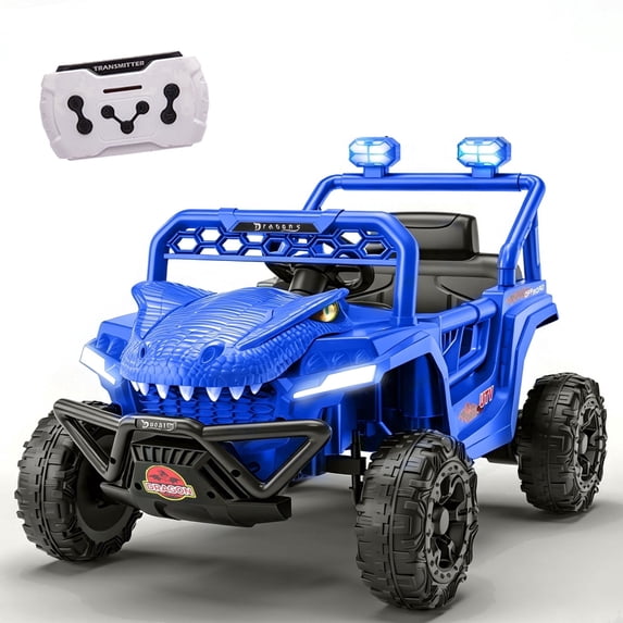 12V Dinosaur Kids Ride On Car, 2 Seater Power Ride On Toy for Kids with Remote Control, Bluetooth, USB, 4 Wheel Suspension, Dinosaur Electric Toy Car for Boys and Girls Ages 2-4, Blue