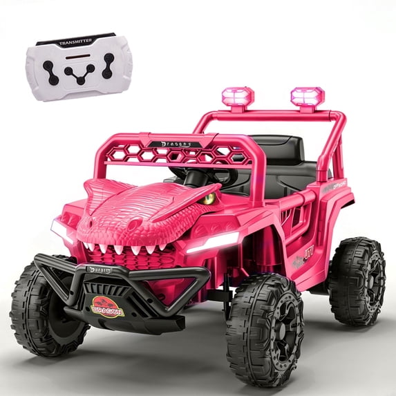 12V T-Rex Dinosaur Ride On UTV Car for Kids, Electric Powered Ride on Toy with Remote Control, 3 Speeds, LED, Bluetooth, Music, 4 Wheel Suspension Electric Vehicle for Toddler Boys Girls 2-4, Pink