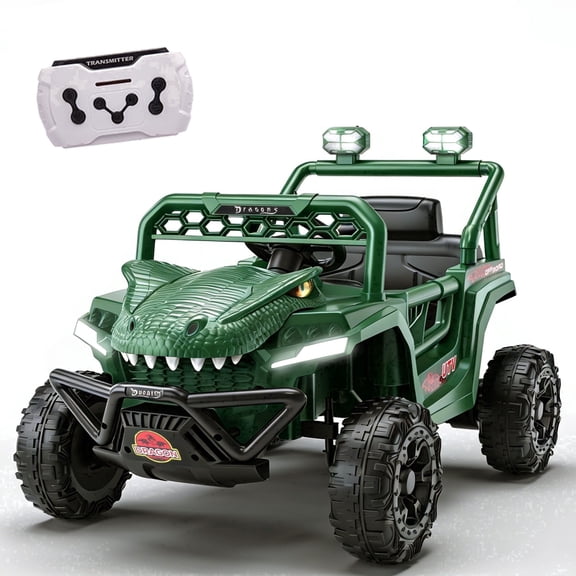 12V Dinosaur Ride on Car for Toddlers Ages 2-4, Kids Electric Ride on Toy with Remote Control, 2.49-3.11 MPH, Dual 35W Motors, Bluetooth, USB, LED, 4 Wheel Suspension Electric Cars for Kids, Green