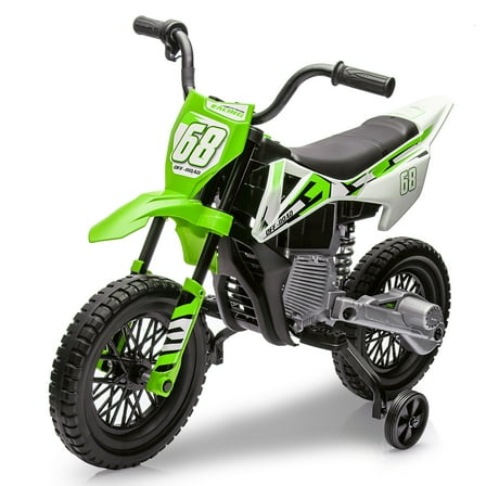 Electric Dirt Bike,12V Electric Motorcycle,Max 3MPH Kids Motorcycle with Training Wheels,Music,Twist Grip Throttle,Spring Suspension for Kids 8-14