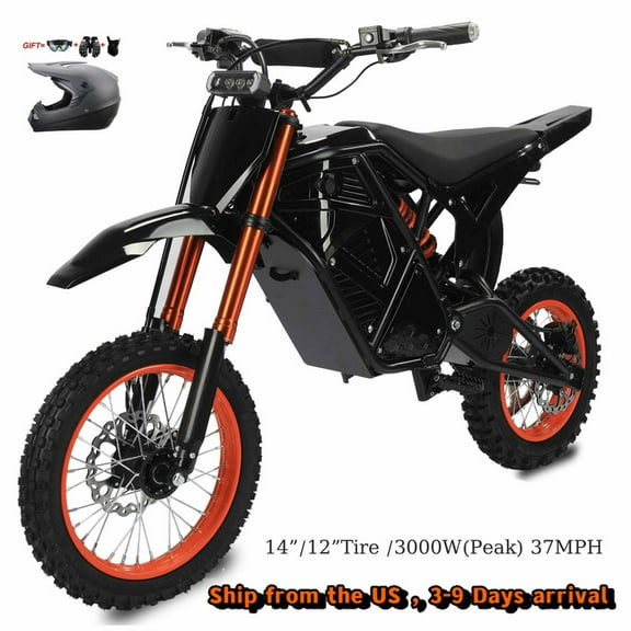 Electric Dirt Bike for Adults and Teens,Mountain Motorcycle with 48V23AH Battery, Max 37 MPH and 45Miles Range E-Bike, Peak 3000W(Peak) Motor,14"/12" Fat Tire and Front Fork Suspension