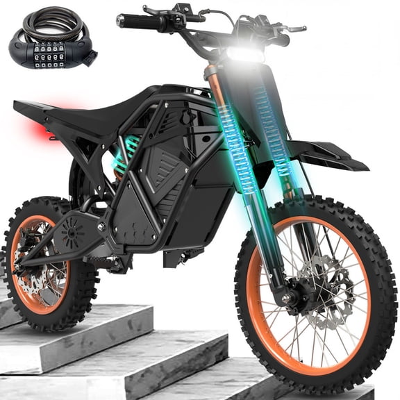 Electric Dirt Bike for Teens Adults, Electric Motorcycle 48V23Ah, Mid-Drive Motor 3500W Peak 38mph 53-Mile Range, Hydraulic Nitrogen Dual Shock Absorbers Black & Orange with Lock