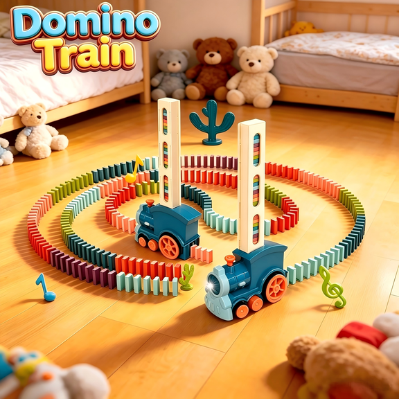 Electric Domino Train Toy, Made of Safe ABS Plastic, with 60 Pcs Blocks, Automatic Domino Laying Building Set, Ages 3-9 Years Old, Blue