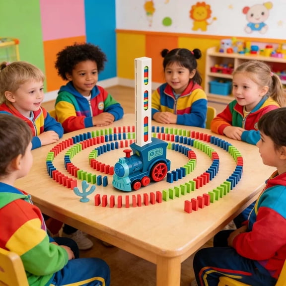 Electric Domino Train Toy Set, Automatic Domino Laying Train with Light & Sound, Montessori Stacking Game for Kids Ages 4+