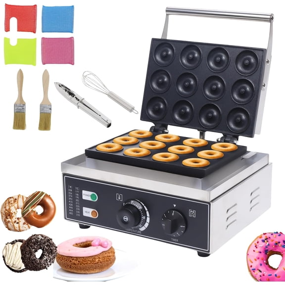 Electric Donut Maker, 1550W Commercial Doughnut Machine, 12-Hole 110V Double-Sided Heating Waffle, Non-Stick Coating, 122-572F Temp Control for Home & Commercial Use