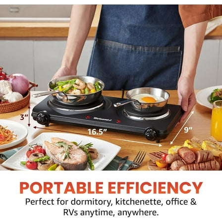 Electric Double Cast Iron Burner, 1500  Hot Plate with Temperature Controls and Easy Clean Surface