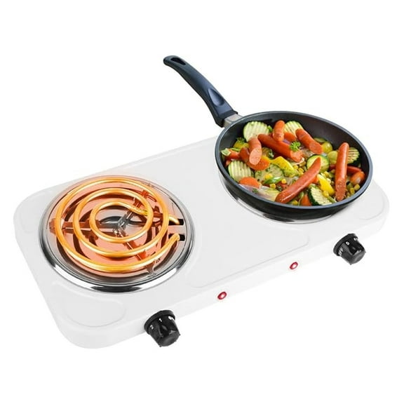 Electric Double Burner, 2000W Hot Plate Cooktop - 5 Temp Control, Portable Electric Stove for Kitchen, RV, Dorm - Non-Slip, Stainless Steel (White)