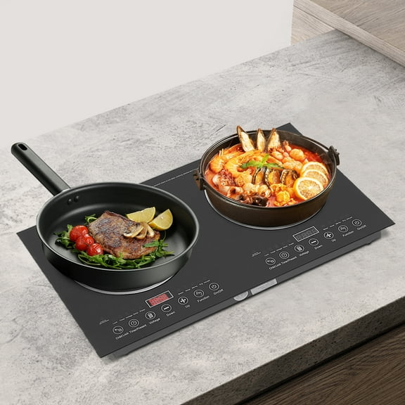 Electric Double Induction Cooktop 1200w+1200w Tempered Glass Induction Cooker LED Display Induction Cooktop 8 Gears for Home Kitchen Flat Restaurant