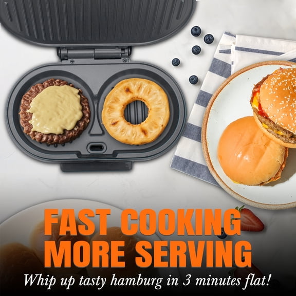 Electric Double-Sided Grill and Mini Patty Press for Burgers, Breakfast Sandwiches, and Omelets, Compact Countertop Appliance