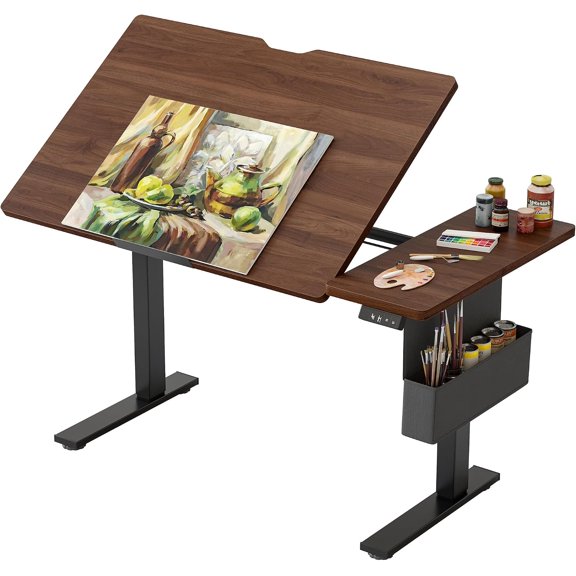 Electric Drafting Table 60 Tilt Drawing Desk With Storage, 47*27.5" Walnut Art Table for Crafting Engineering Architect, Height Adjustable Desk with Reversible Shelves, Dual Zone Workstation