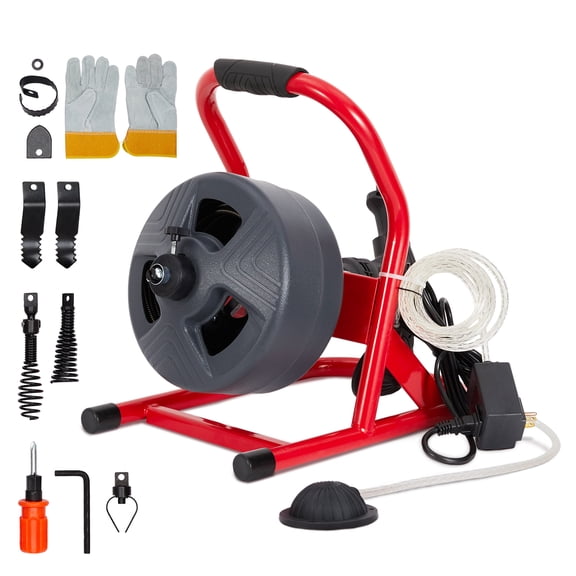 Electric Drain Auger, 50Ft x 5/16 Inch Drain Cleaner Machine with Foot Switch, 6 Cutters & Glove, Auto-feed Sewer Snake for 3/4 to 3 Inch Pipes