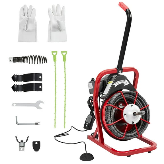 Electric Drain Cleaner Machine, Drain Auger 75Ft X 3/8 Inch for Sewer Clean, Electric Drain Snake for 1 to 4 Inch Pipes, Drain Sewer Auger with Foot Switch, Protective Gloves, 4 Cutter Blades