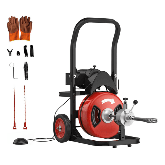 Electric Drain Cleaning Machine,450W Auto-Feed Portable Sewer Snake with 4 Cutting Attachments and Air-Activated Foot Switch for 2" to 4" Pipes