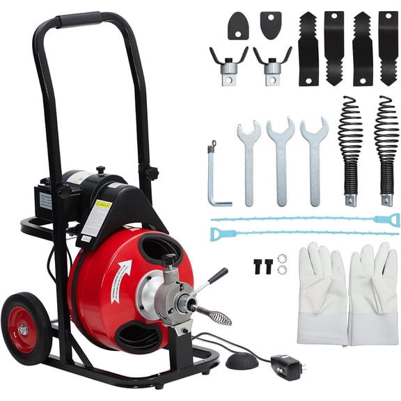 Electric Drain Snake 100ft,3/8-Inch Drain Cleaning Machine with Auto-Feed & Foot Pedal, Commercial Sewer Auger for Sink, Toilet, Bathtub, 8 Cutting Heads Included,250W