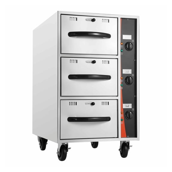 Electric Food Warmer, 3-Drawer Stainless Steel Warming Drawer, Commercial & Home Use, 85-185F Temperature Control, Freestanding Cabinet