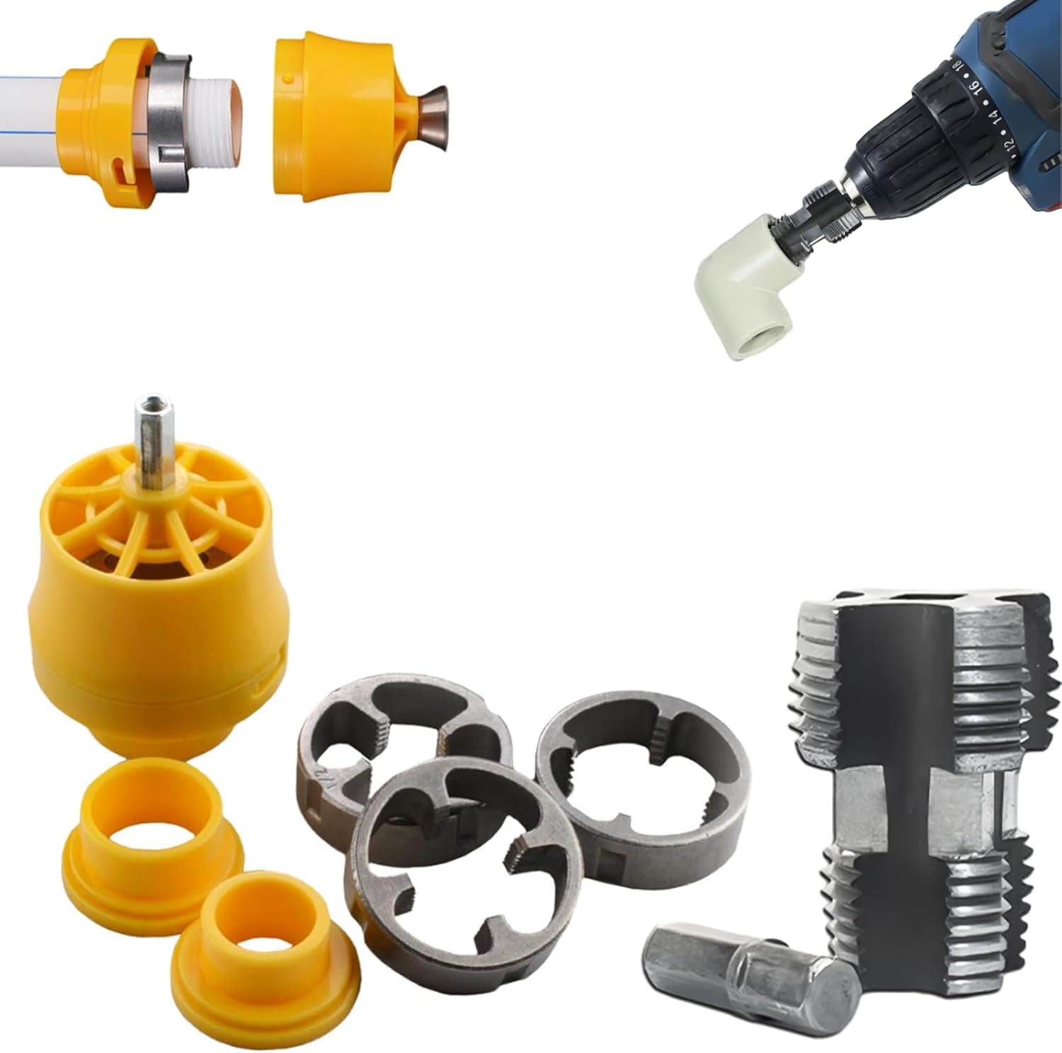 Electric Drill Compatible Pvc Pipe Threader Kit With Various Die Sizes, Pvc Thread Maker Tool, Pvc Pipe Threader Kit, Pvc Pipe Threader With 3 Dies, 1/2", 3/4", 1"