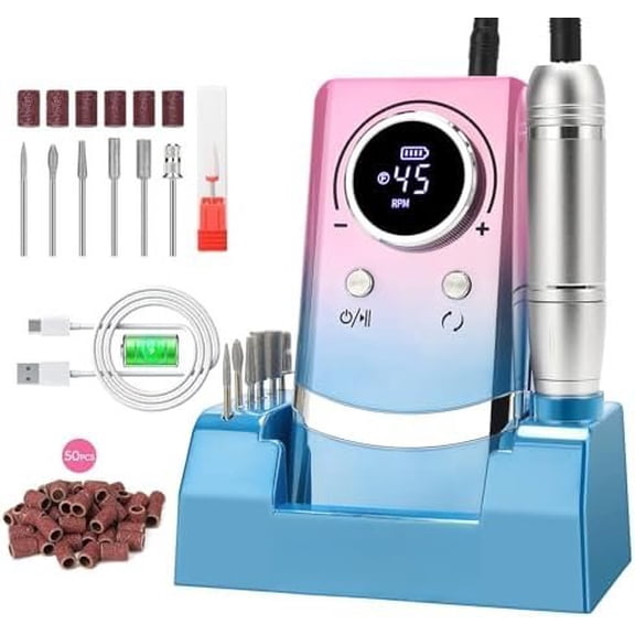 Electric  Drill Professional 45000RPM, Portable Cordless  File for  & Gel Nails, Rechargeable E-File Machine with 7 Drill Bits, 56 Sanding Bands & Base, for Salon or DIY  (Gradient)