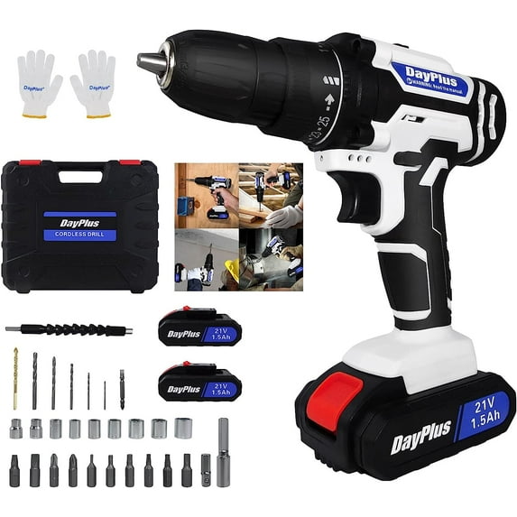 Electric Driver, 21V Max Cordless Drill with Battery and Charger, 3/8" Keyless Chuck, 2 Variable Speed Power Drill, Electric Power Drill Set with 25+1 Positions Clutch, 29pcs Drill Bits