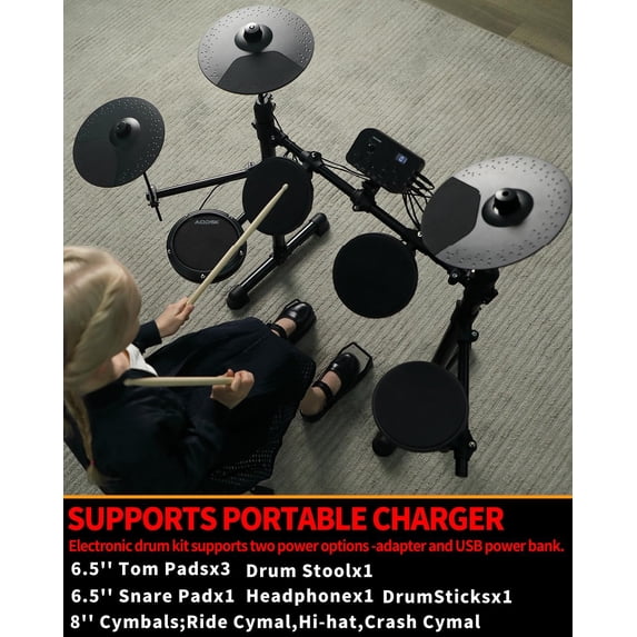 Electric Drum Set for Beginner with 150 Sounds, 4 Quiet Pads, 2 Pedals, Throne, Sticks, Headphone, AED-400