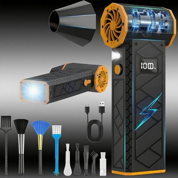 Electric Air Duster with LCD Screen & Flashlight, 180000RPM Turbo Compressed Air Blower, 10000mAh Battery, 4 Gear Wind, High-Speed Jet Fan with Assist Lighting - Black & Orange