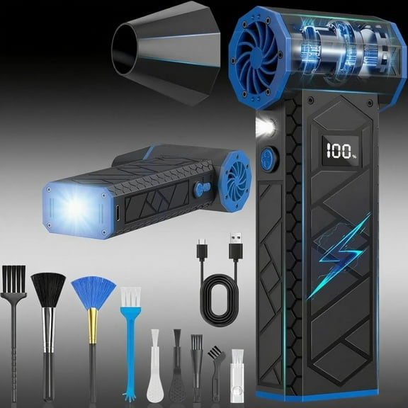 Electric Dust Remover with LCD Display & Compressed Air, 180,000 RPM Air Duster, 4 Adjustable Speeds, Torch & Auxiliary Light for Computer Keyboard, Car, NeroBlue
