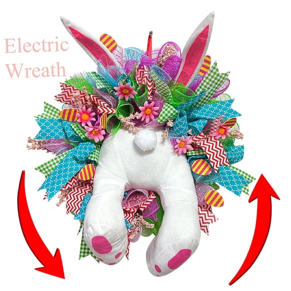 Electric Easter Bunny Wreath Swinging Legs Singing, Easter Wreaths for Front Door with LED Lights Rabbit Ear Easter Decorations for Home Decor Porch Door and Wall
