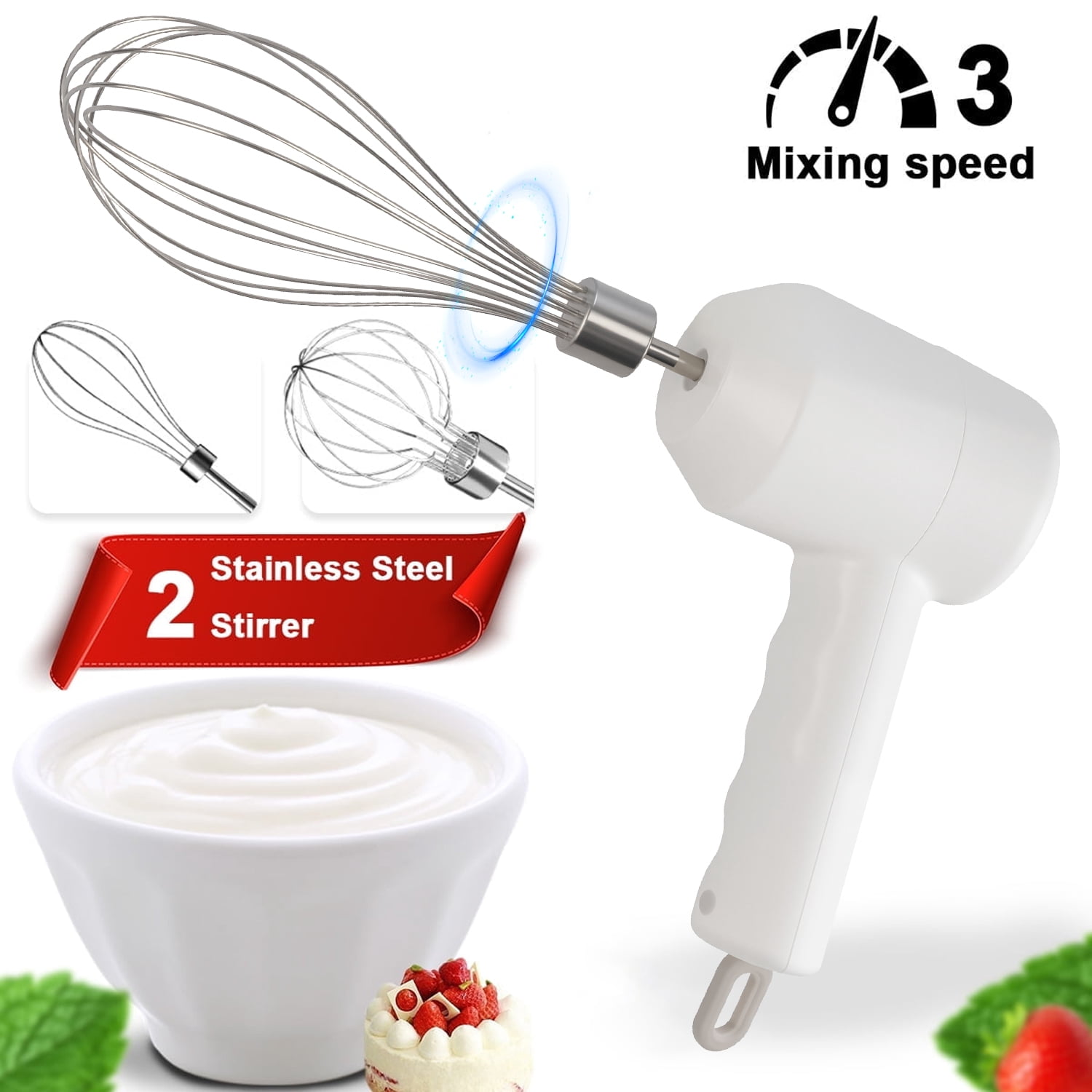 Electric Egg Beater,Meat & Garlic Grinder Automatic Whisk,3 Speeds Hand Mixer Electric Handheld with 2 Detachable Beaters and 1 Food Chopper,Cordless Egg Beater for Kitchen Baking & Cooking