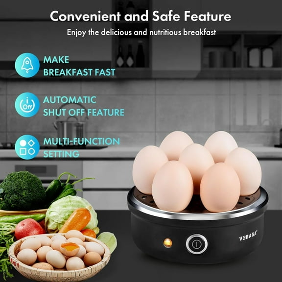 Electric Egg Cooker, Rapid Boiler with Auto Shut Off for Soft, Medium, Hard Boiled, Poached, Steamed Eggs, Vegetables and Dumplings, Stainless Steel Tray 7-Egg Capacity (Black)