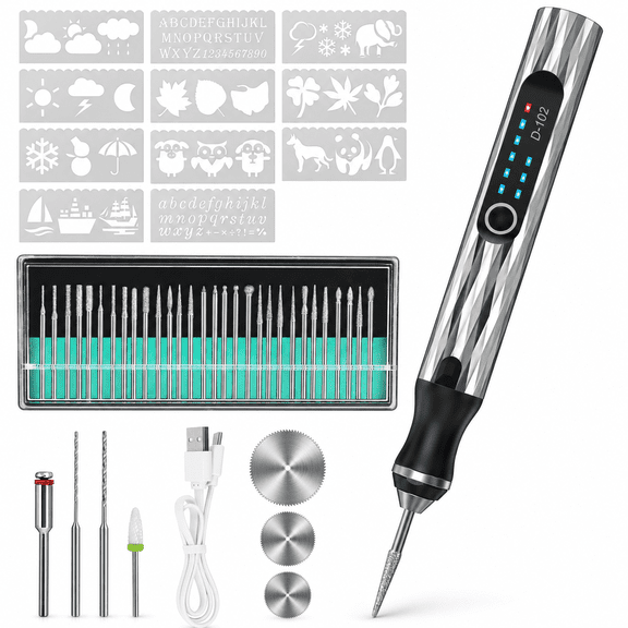 Electric Engraving Pen, 3-Speed Cordless USB 37-Piece DIY Kit with Stencils