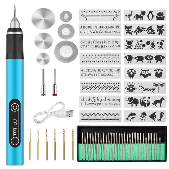 Electric Engraving Pen, USB Rechargeable DIY Engraver Machine for Jewelry Wood Glass Stone Carving, Portable Engraving Tool with Bits and Stencils (Blue)