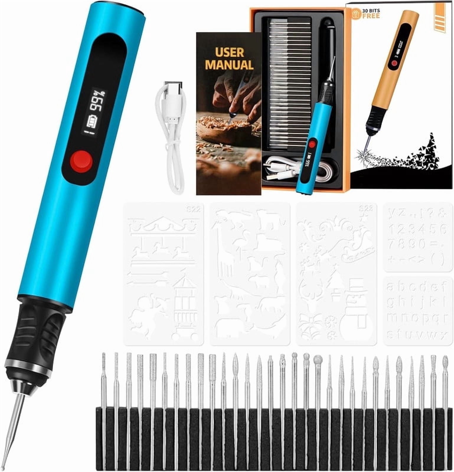 Electric Engraving Pen with 30 Bits, Portable Engraving Pen Tool Kits, DIY Rechargeable Engraving Machine for Jewelry Wood Glass Stone Carving, Blue