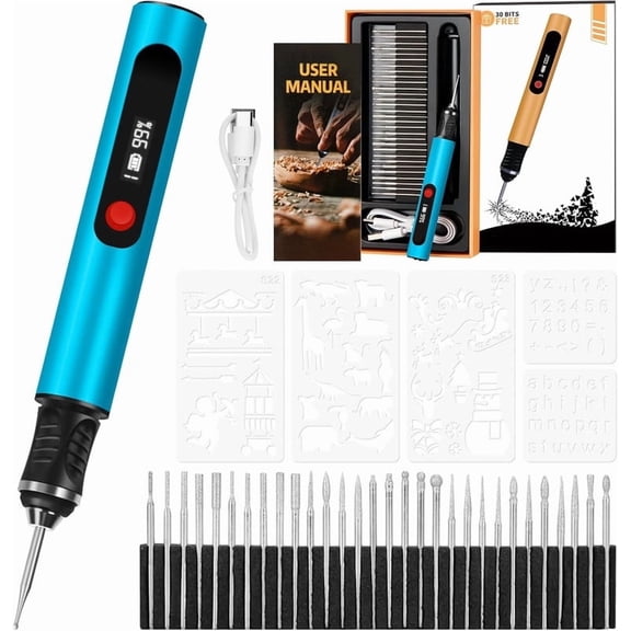 Electric Engraving Pen with 30 Bits, Portable Engraving Pen Tool Kits, DIY Rechargeable Engraving Machine for Jewelry Wood Glass Stone Carving, Blue