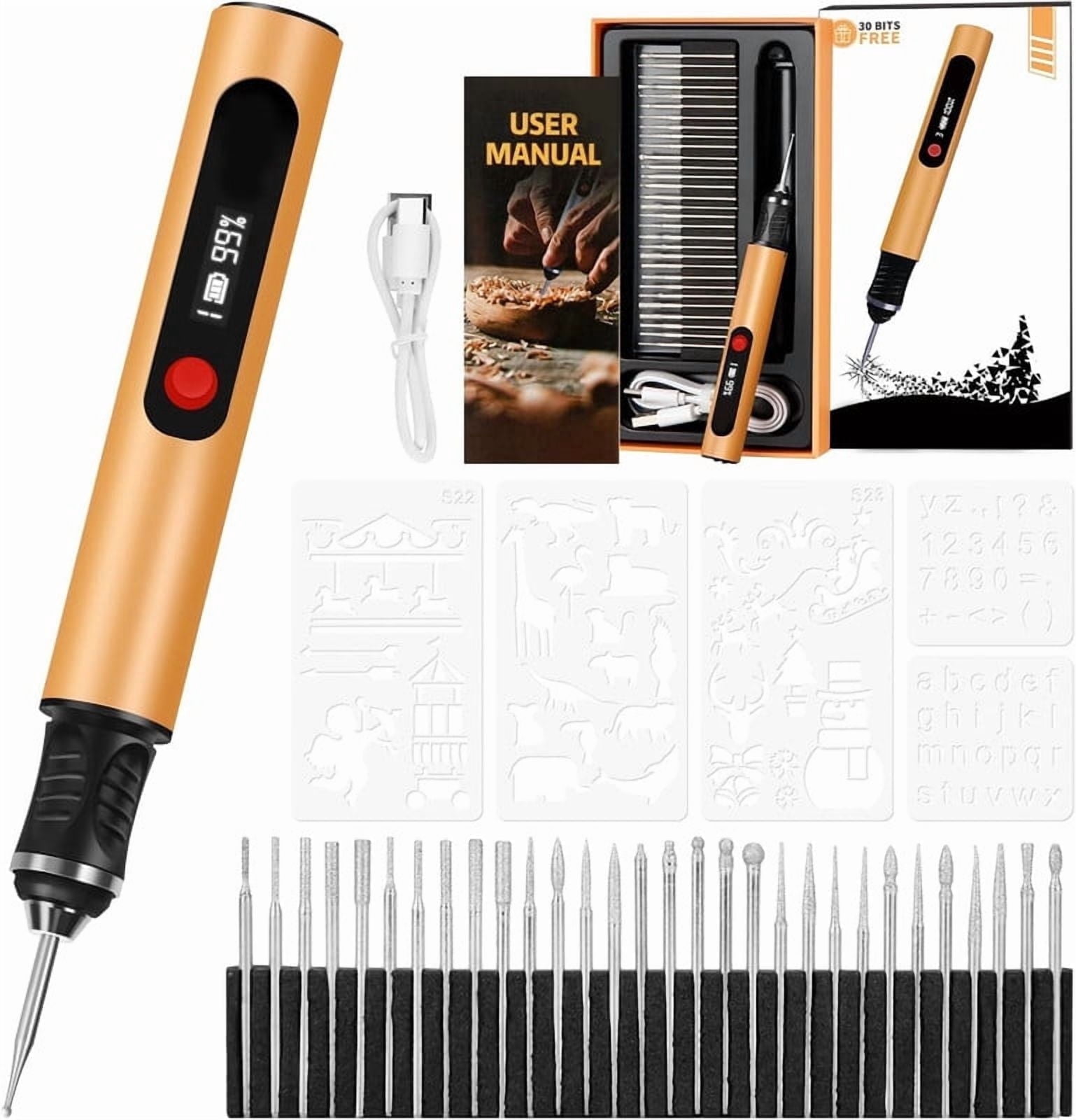 Electric Engraving Pen with 30 Bits, Portable Engraving Pen Tool Kits, DIY Rechargeable Engraving Machine for Jewelry Wood Glass Stone Carving, Gold