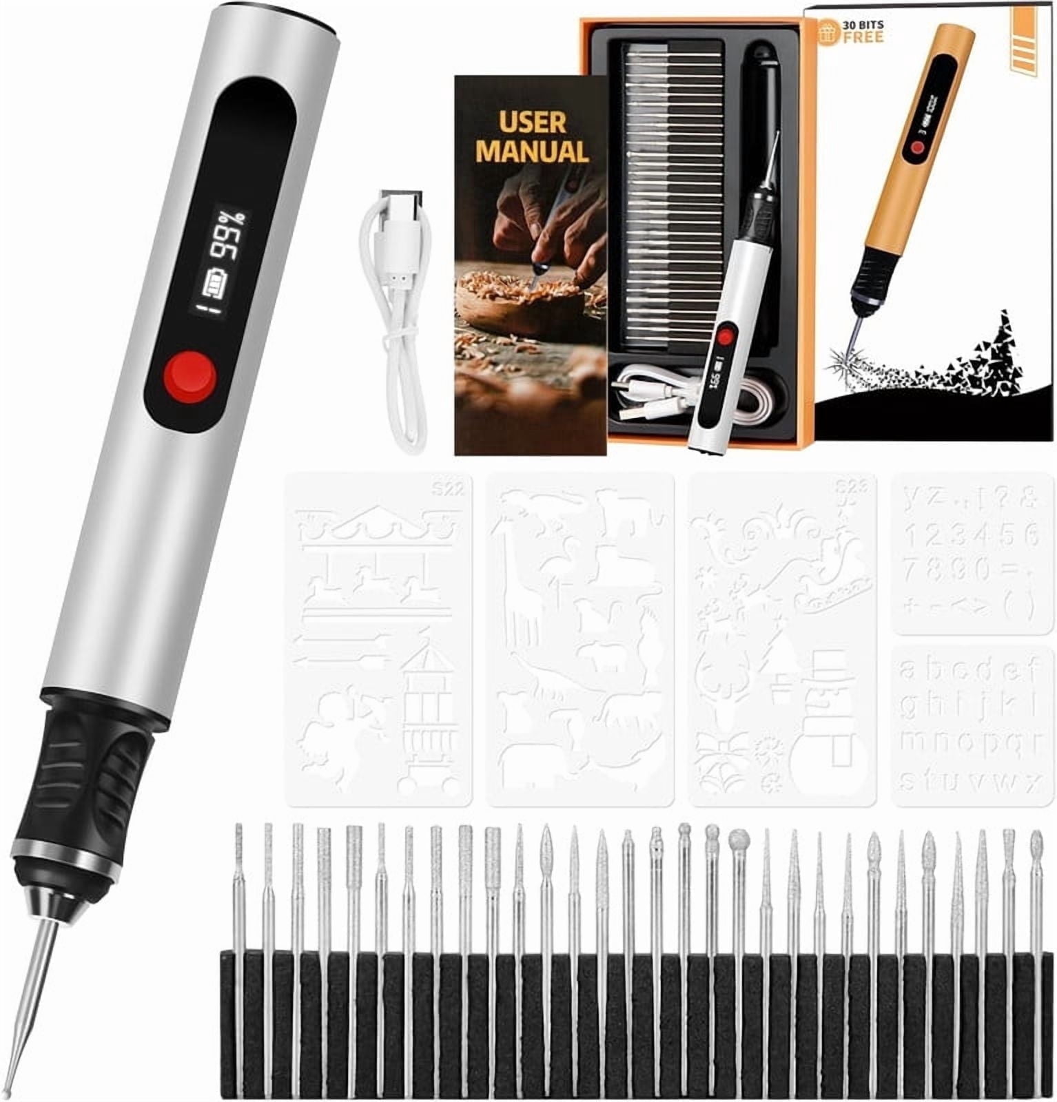Electric Engraving Pen with 30 Bits, Portable Engraving Pen Tool Kits, DIY Rechargeable Engraving Machine for Jewelry Wood Glass Stone Carving, Gray