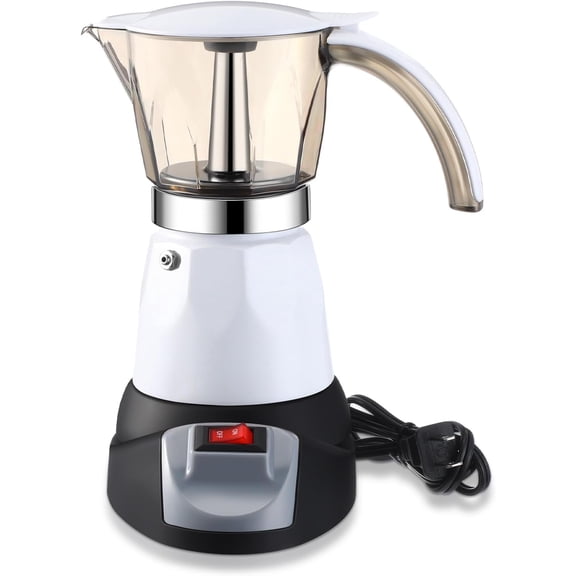 Electric Espresso Maker Transparent Coffee Maker Electric Moka Pot Portable Aluminum Espresso Machine Italian Moka Pot with Detachable Base, Coffee Gift for Women Men Home Travel (White,6 Cup)