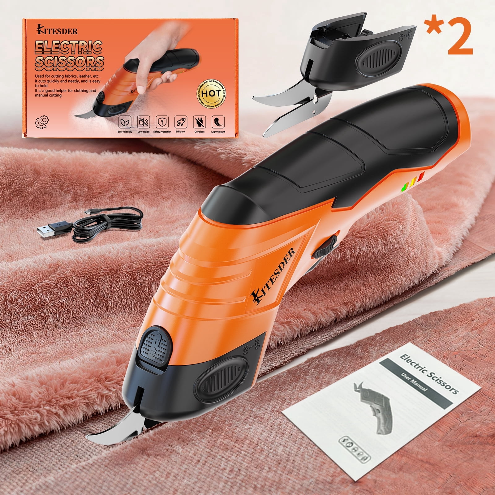 Electric Fabric Cutting Scissors, USB Rechargeable Precision Cutter, Adjustable Settings, For Clothing Cardboard Craft, Orange Pink Available