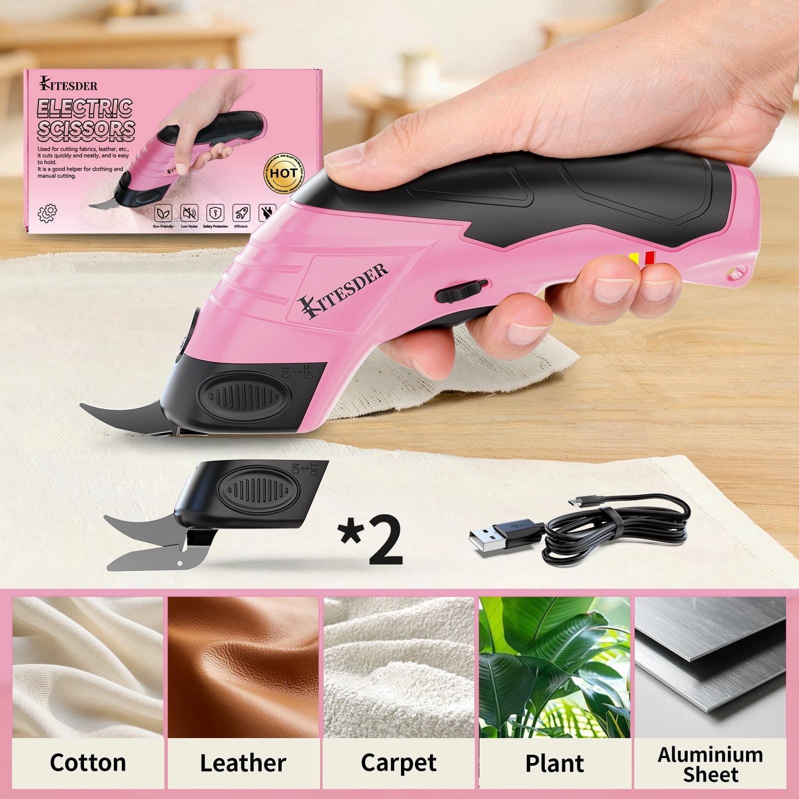 Electric Fabric Cutting Scissors, USB Rechargeable Precision Cutter, Adjustable Settings, For Clothing Cardboard Craft, Orange Pink Available