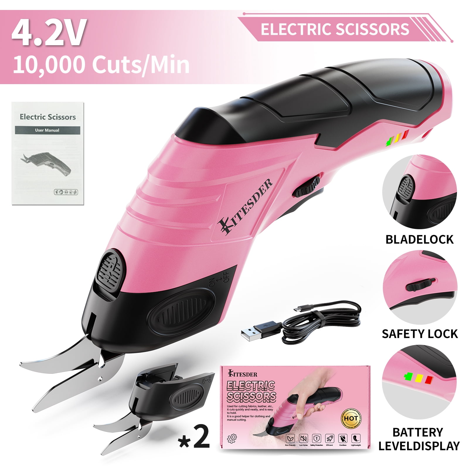 Electric Fabric Cutting Scissors, USB Rechargeable Precision Cutter, Adjustable Settings, For Clothing Cardboard Craft, Orange Pink Available