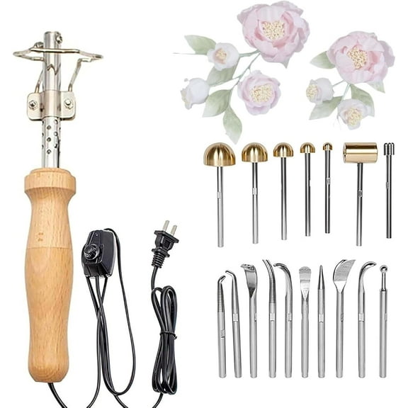 Electric Fabric Flower Maker, Artificial Flower Ironing Machine, DIY Cloth Fabric Flower Making Tool Set with 17 Heads Fake Flower Making Tool Set, Adjustable Temperature (60-300) for Petal Modeling