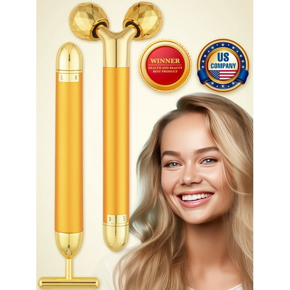 Electric Face Massager Kit for Women, 2-in-1 Vibrating Golden 3D Roller & T-Shape Massager for Facial Skin Care by Cozlow