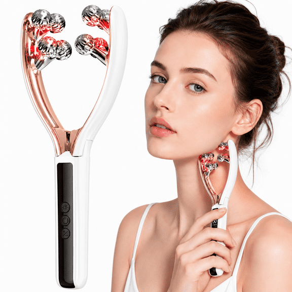 Electric Face & Neck Massager, 8-Roller RF Facial Device with EMS Microcurrent, Vibration Massage, 2 LED Light Modes, 9 Adjustable Levels, Rechargeable