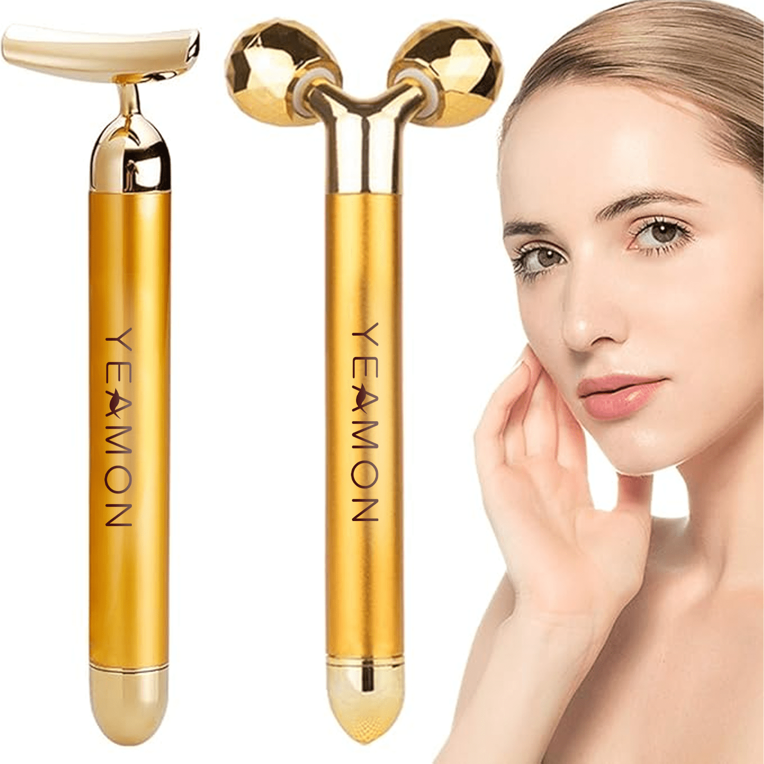 Electric Face Roller Massager, Vibrating Facial Roller for Puffiness, Wrinkles, and Skin Tightening, Eye and Face Massage Tool for Women and Men (Gold)