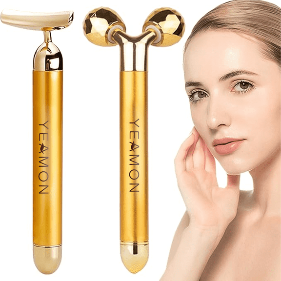 Electric Face Roller Massager, Vibrating Facial Roller for Puffiness, Wrinkles, and Skin Tightening, Eye and Face Massage Tool for Women and Men (Gold)